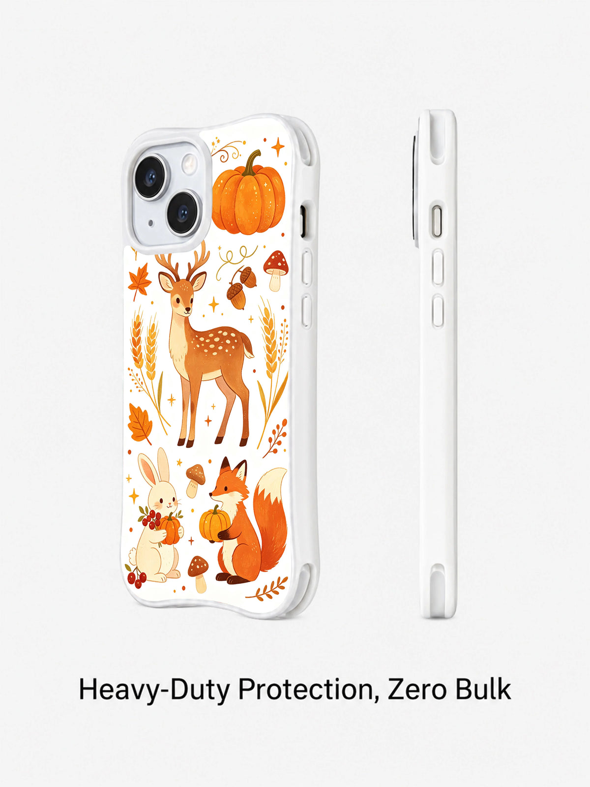 Dreamy Fawn Pumpkin Patch: Bir arada gösterilen desenli telefon arkası ve dar yan profil.