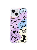Moonlit Cloud Friends: Large smiling pastel clouds gather with hearts, sparkles and a black crescent moon.