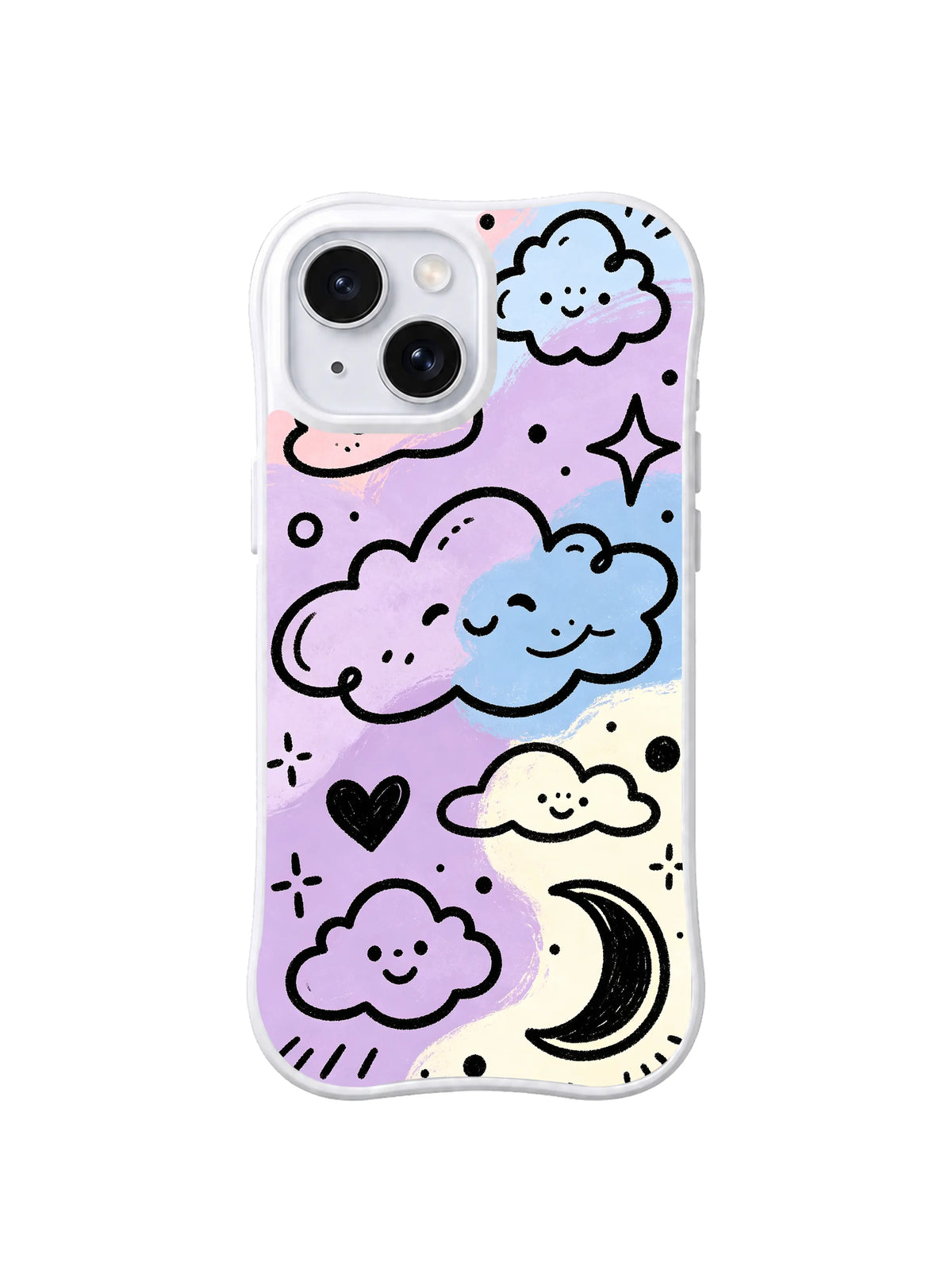 Moonlit Cloud Friends: Large smiling pastel clouds gather with hearts, sparkles and a black crescent moon.