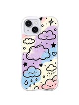 Smiling Cloud Parade: Outlined smiling clouds in pink, lavender and blue float with stars, hearts and raindrops.