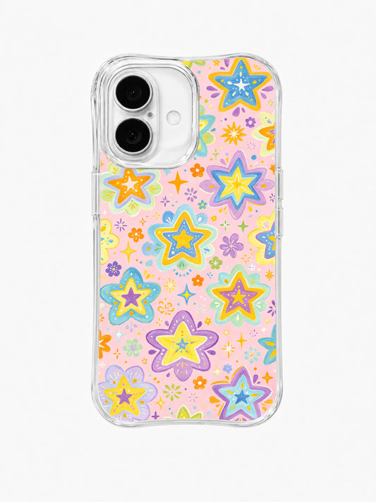 Pastel Star Blossoms: Katmanlı pastel yıldızlar pembe zeminde küçük çiçekler ve yapraklı dallarla tekrar eder.