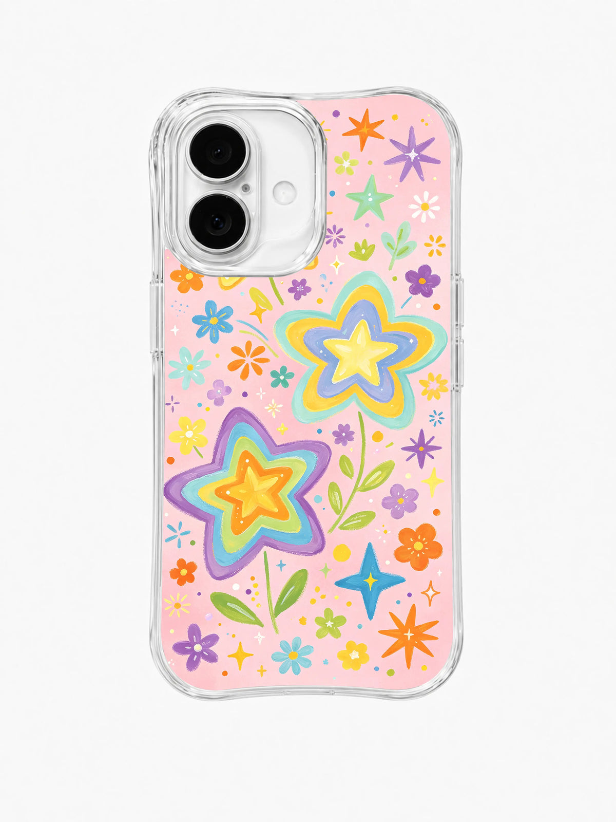 Rainbow Starflowers: Gökkuşağı çerçeveli büyük yıldız çiçekleri renkli bahçe çiçekleri arasında yükselir.