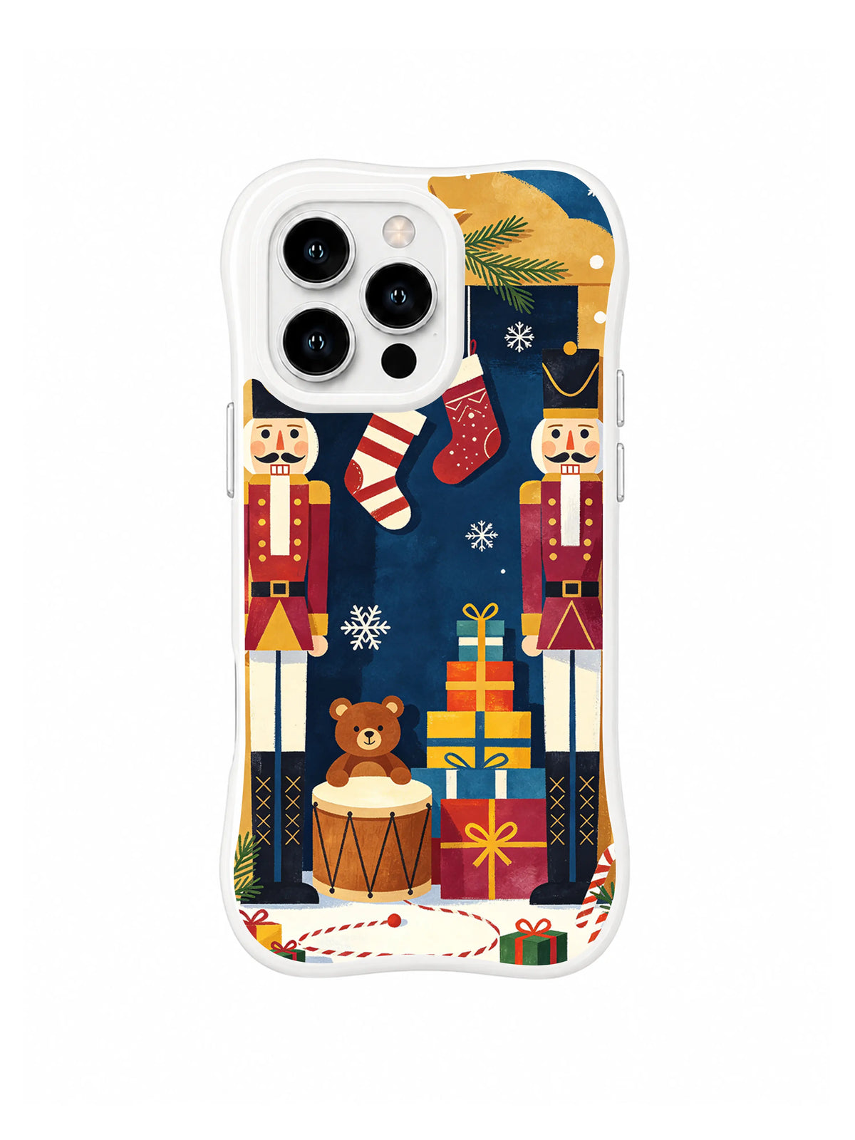 Toy bear, drum, stockings and gift tower framed by nutcrackers on an iPhone 15 Pro case