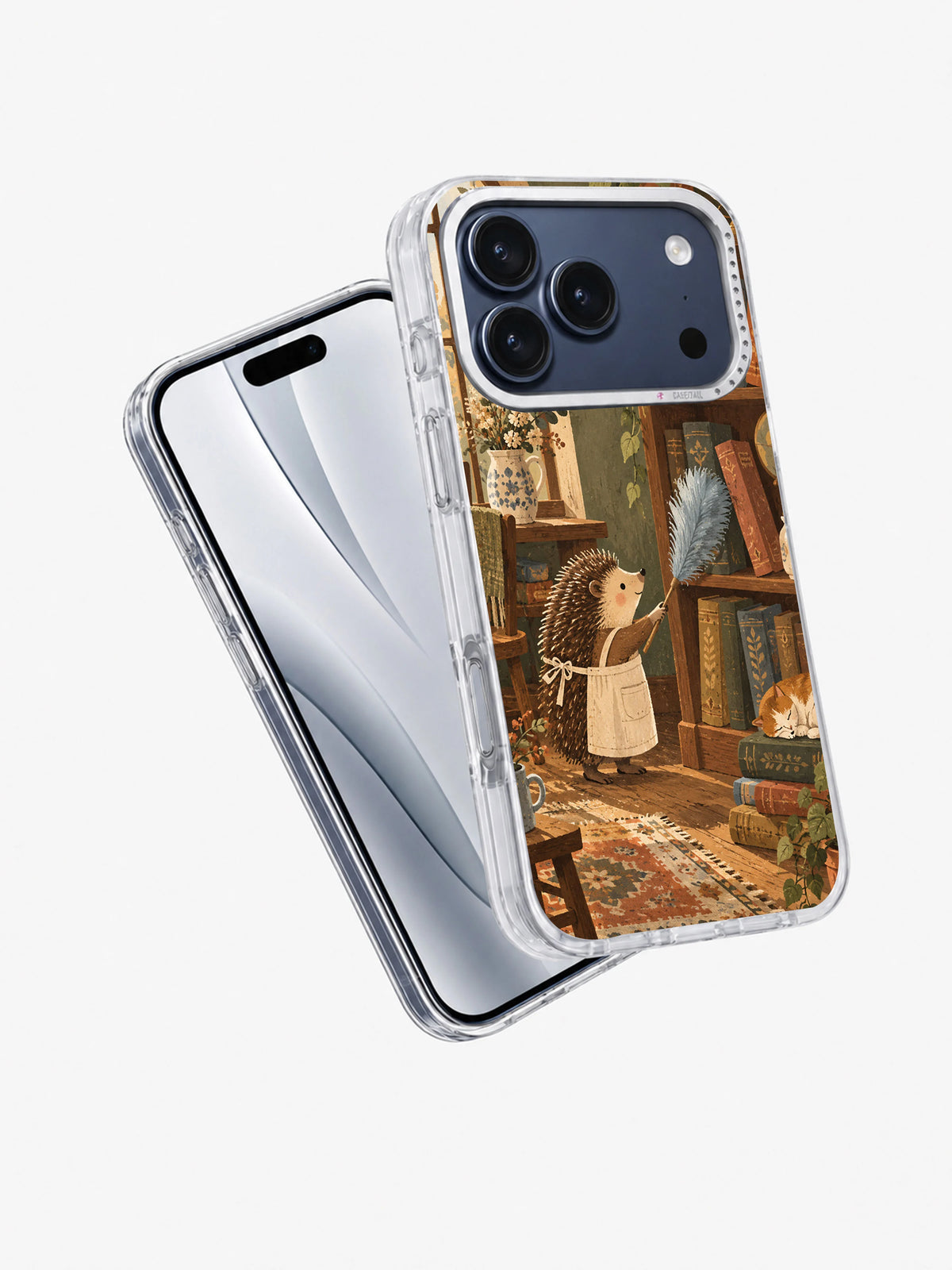 Angled front and back view of the Dust Between the Stories transparent iPhone 17 Pro case