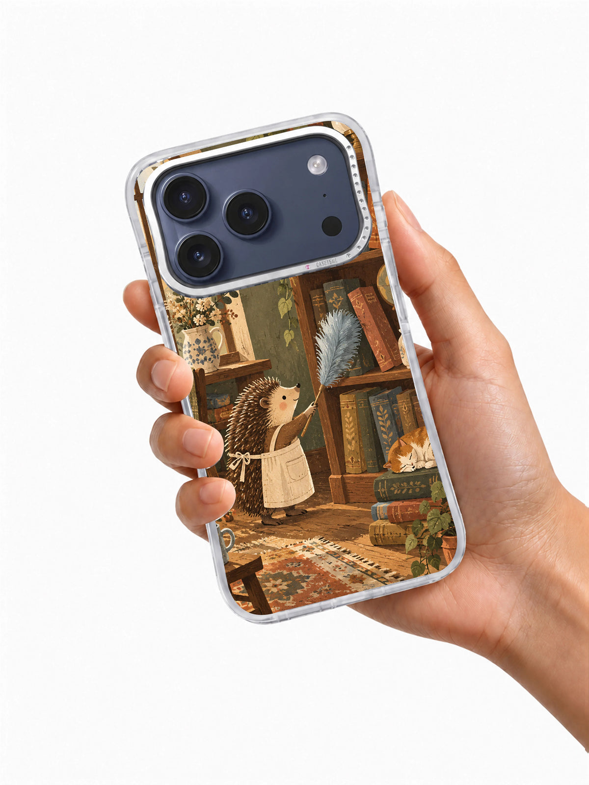 Hand holding the Dust Between the Stories transparent iPhone 17 Pro case