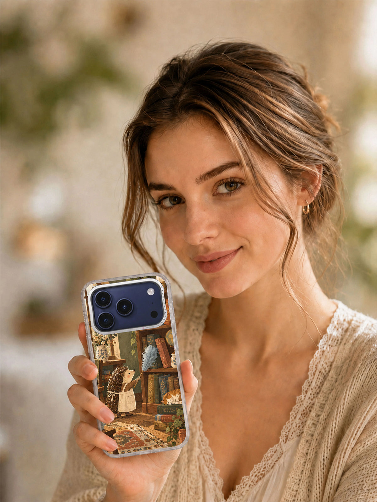Lifestyle view of a person holding the Dust Between the Stories transparent iPhone 17 Pro case