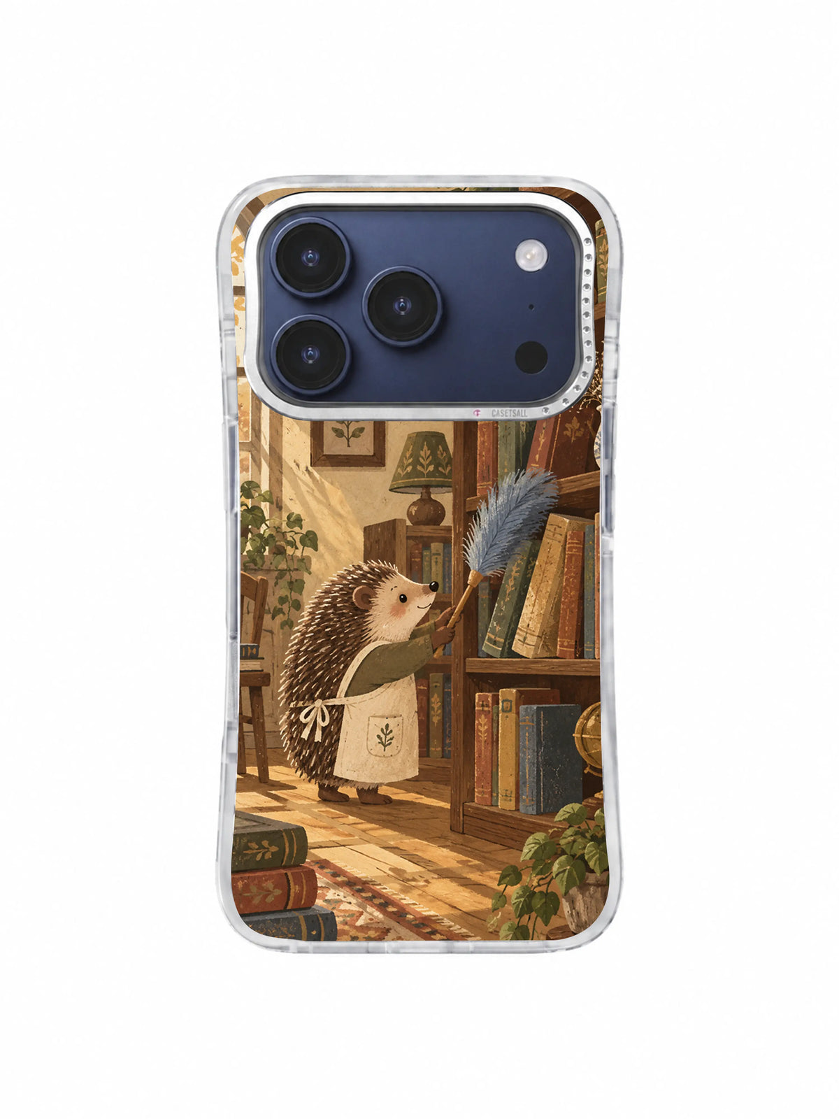 Hedgehog librarian sweeping old books with a dusty blue feather on an iPhone 17 Pro case