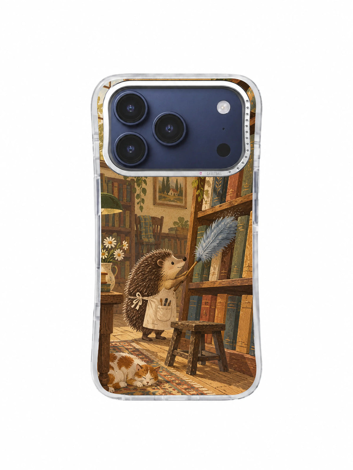 Hedgehog beside a wooden library ladder and leaning books on an iPhone 17 Pro case