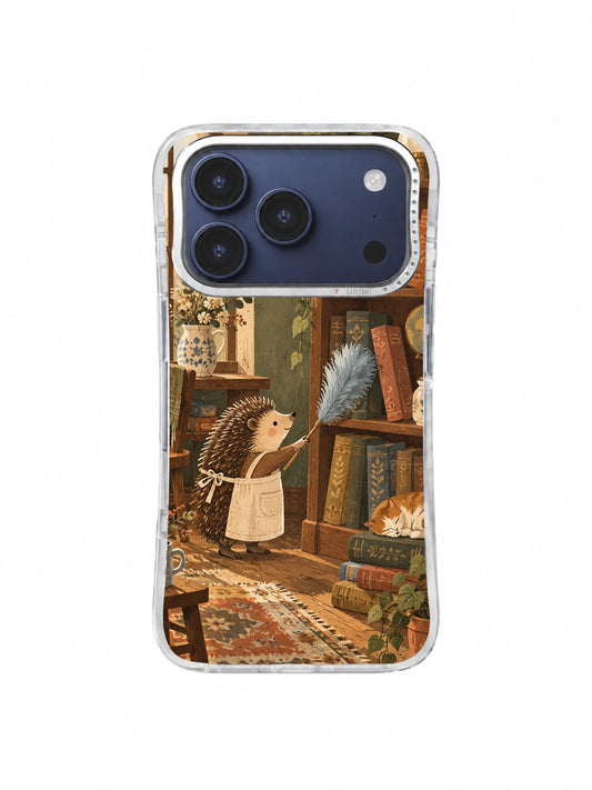 Hedgehog librarian marking a dusty bookshelf with a blue feather on an iPhone 17 Pro case