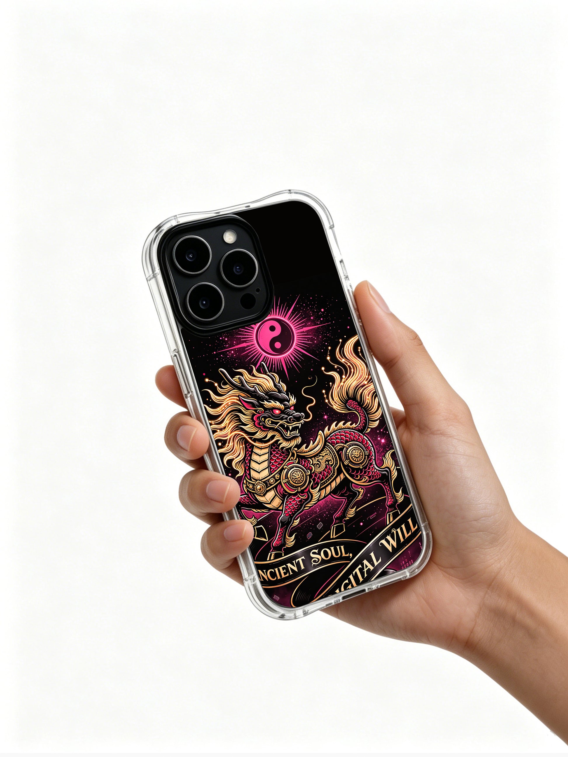 Oriental tough spirit fused with digital circuit lines PhoneCasing, aesthetic iPhone 14 Plus Case with solemn dark tone, comfortable non-slip grip phone cover.