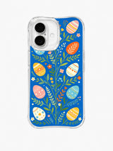 Easter Picnic Garden / Botanical Egg Tree: Decorated coral, yellow and pale blue eggs distributed along tall branching green stems with tiny flowers.