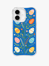 Easter Picnic Garden: Straight rear view of pastel patterned eggs along tall branching green stems on vivid blue.