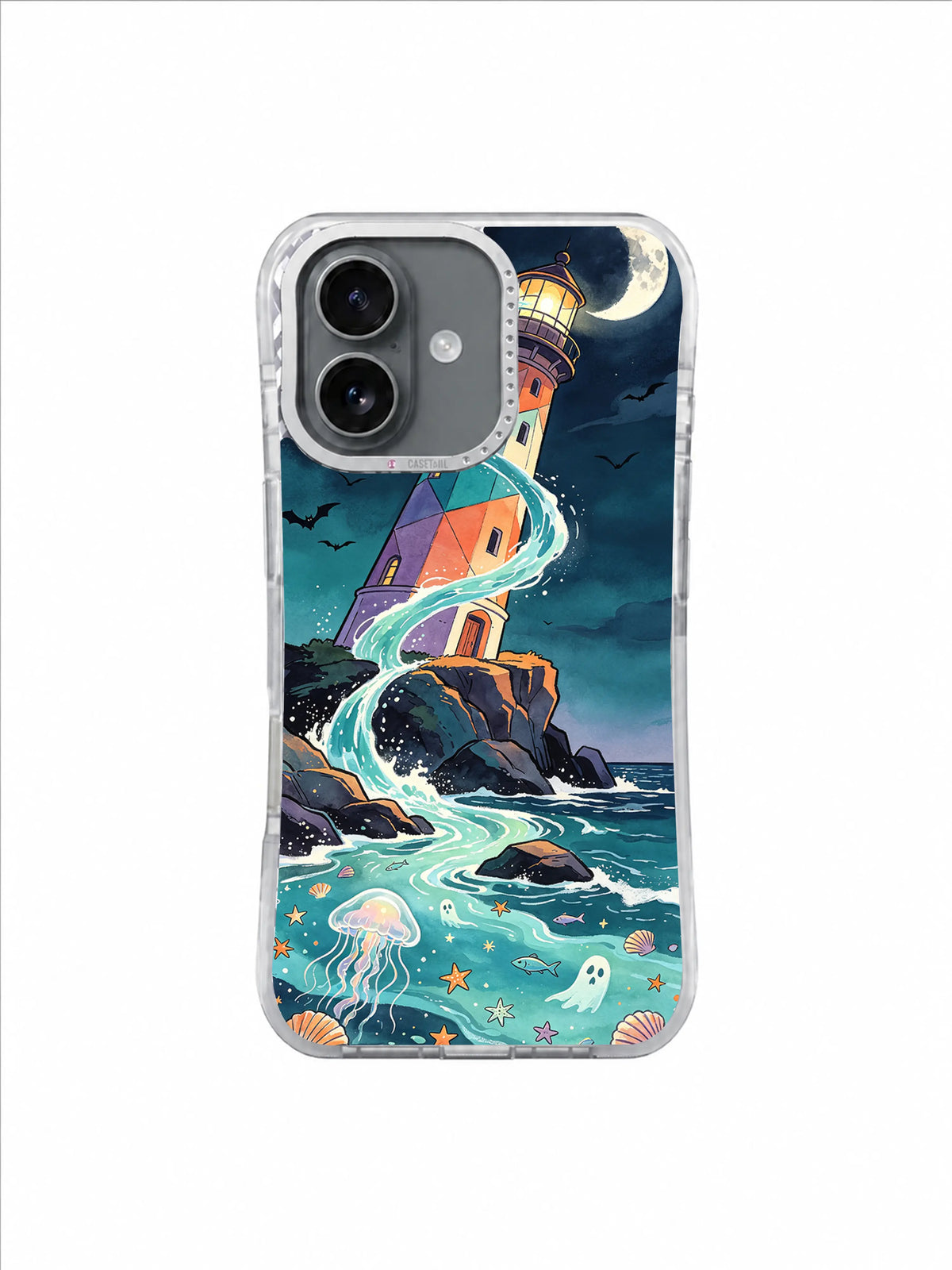 Eclipse Beacon iPhone 17 case — moonlit lighthouse and spectral tide artwork 5