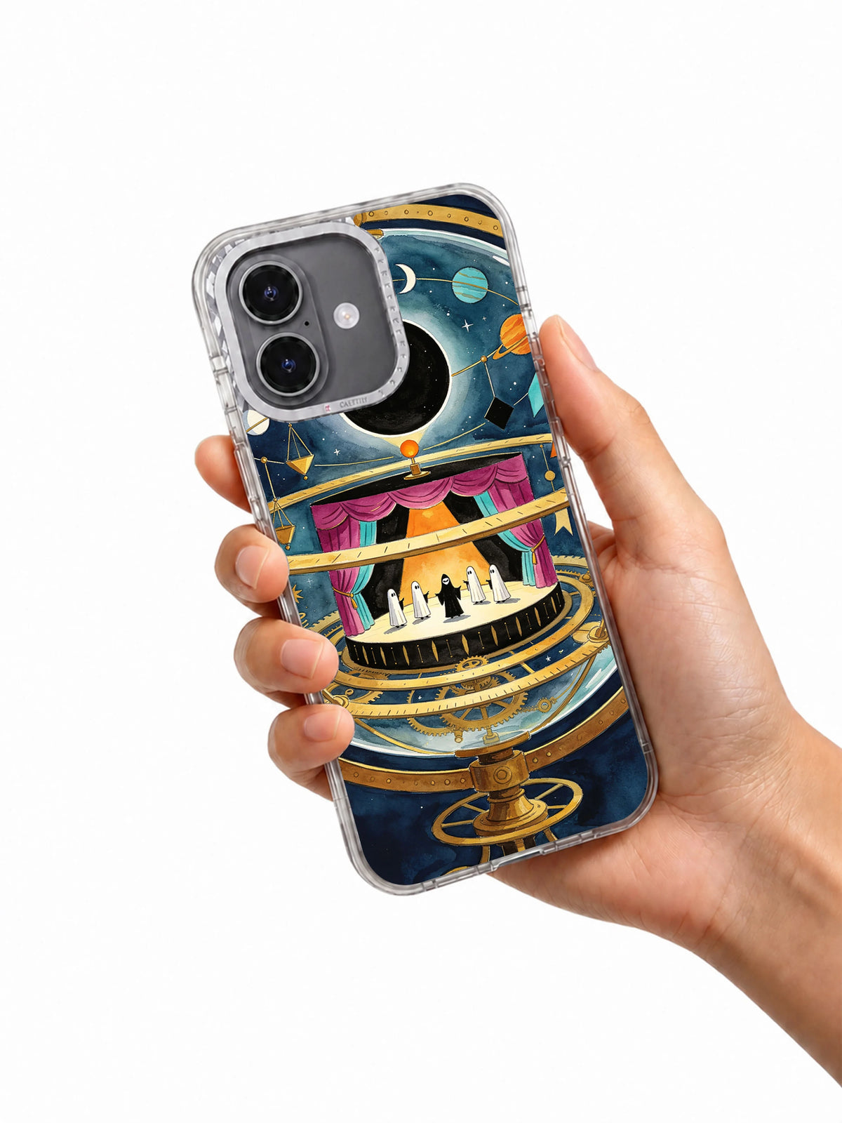 Eclipse Orrery Theatre iPhone case held in hand