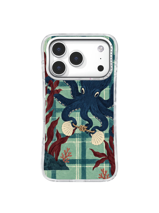 Navy octopus tying a rope between pale shells iPhone 17 Pro case pattern one