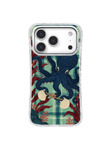 Octopus among seaweed and shells on seafoam plaid iPhone 17 Pro case pattern two