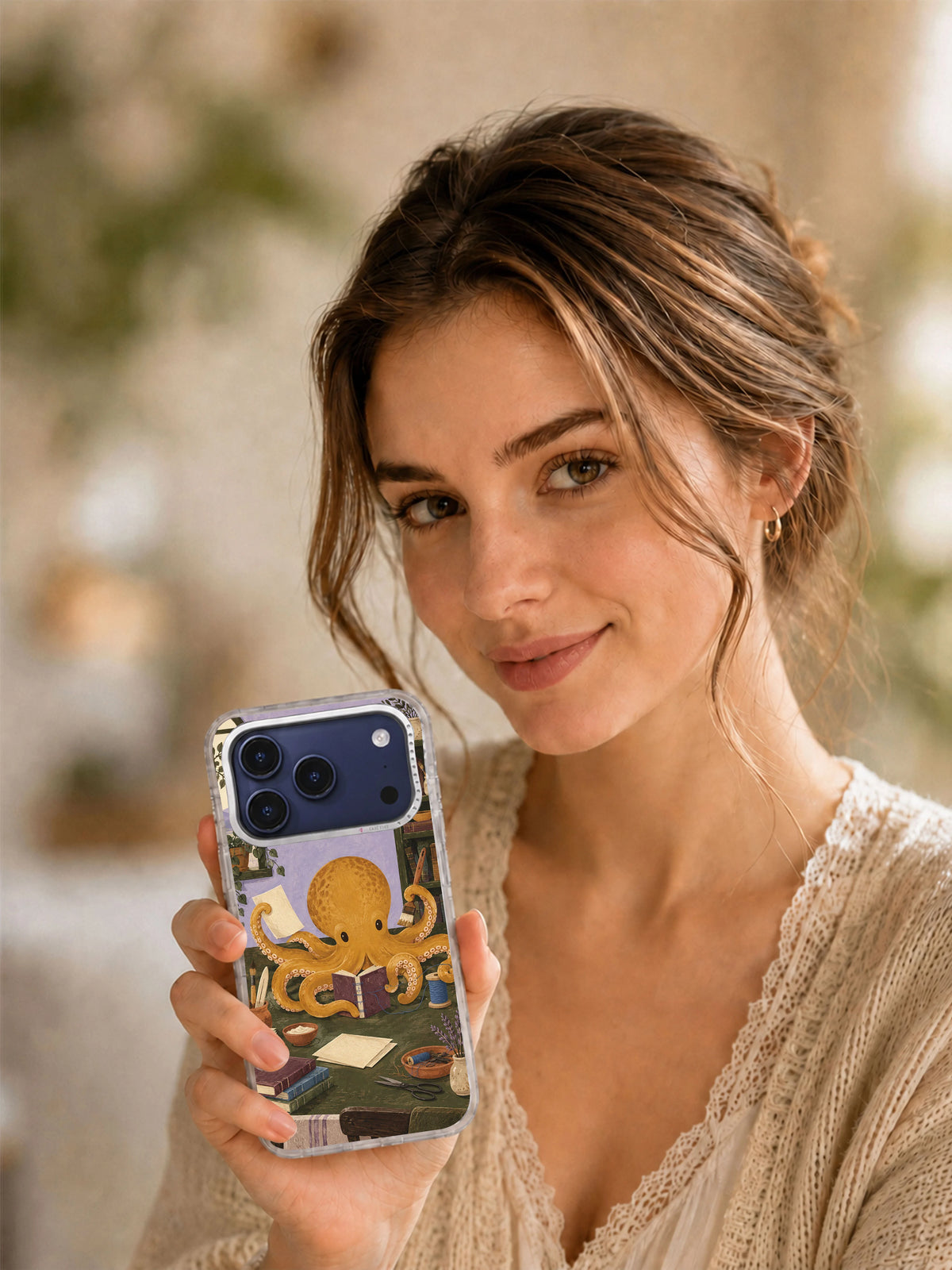 Lifestyle portrait holding the Eight Hands, One Book black iPhone 17 Pro case