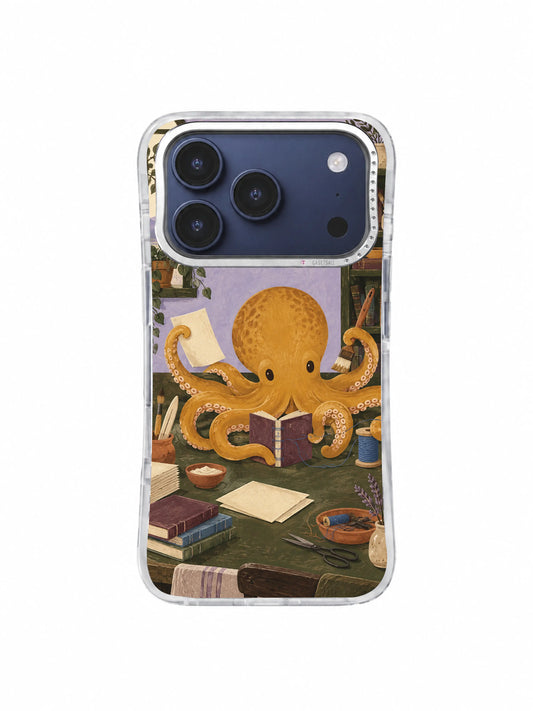 Ochre octopus bookbinder arranging paper and tools on an iPhone 17 Pro case