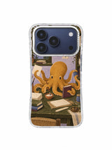 Ochre octopus sewing a small book one stitch at a time on an iPhone 17 Pro case