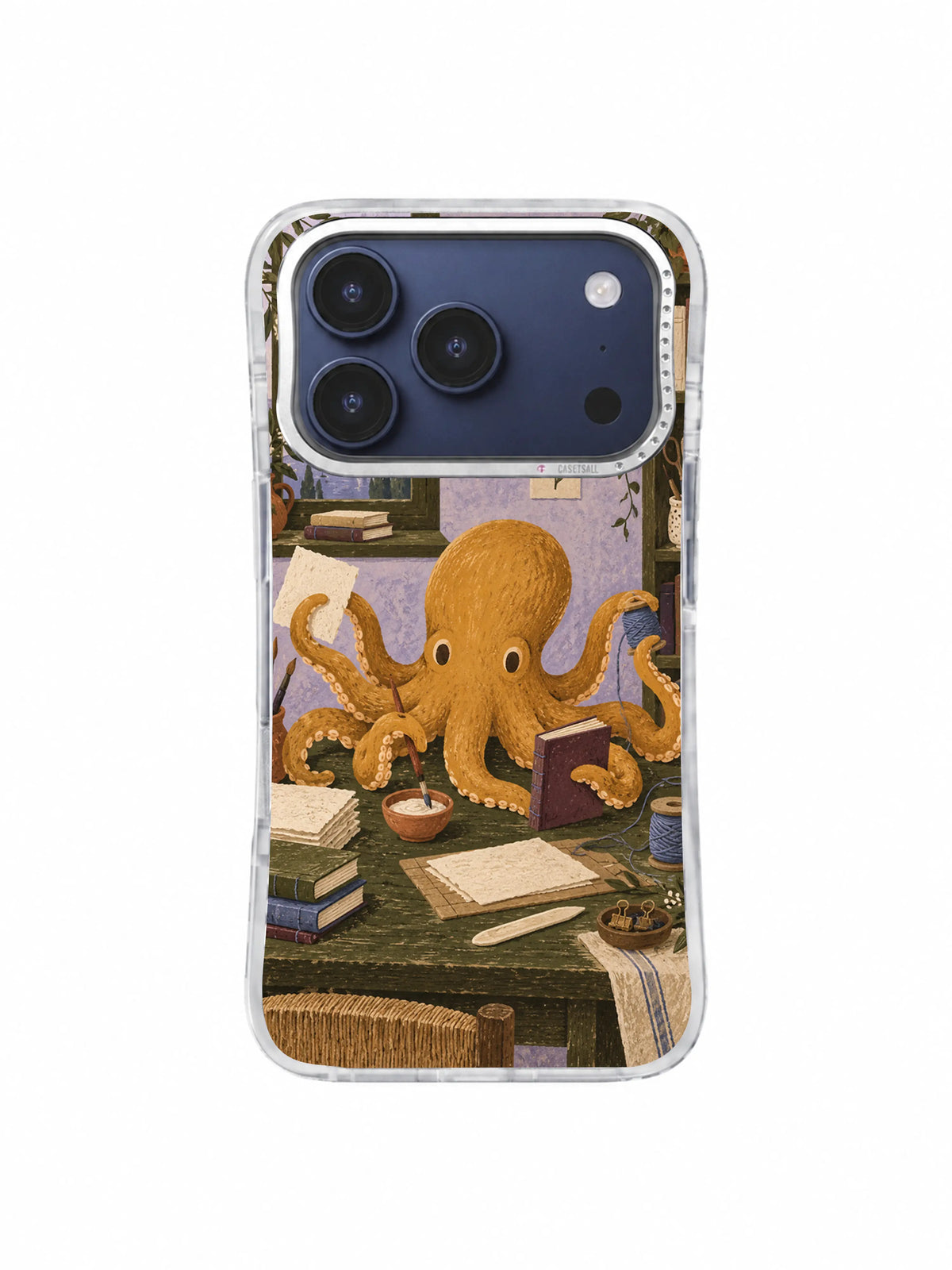Ochre octopus sewing a small book one stitch at a time on an iPhone 17 Pro case