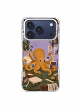 Octopus bookbinder focusing two arms on an open book on an iPhone 17 Pro case