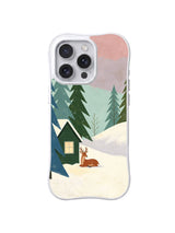 Cabin Window at Dusk: A resting deer beside a green cabin with a yellow window among winter pines.