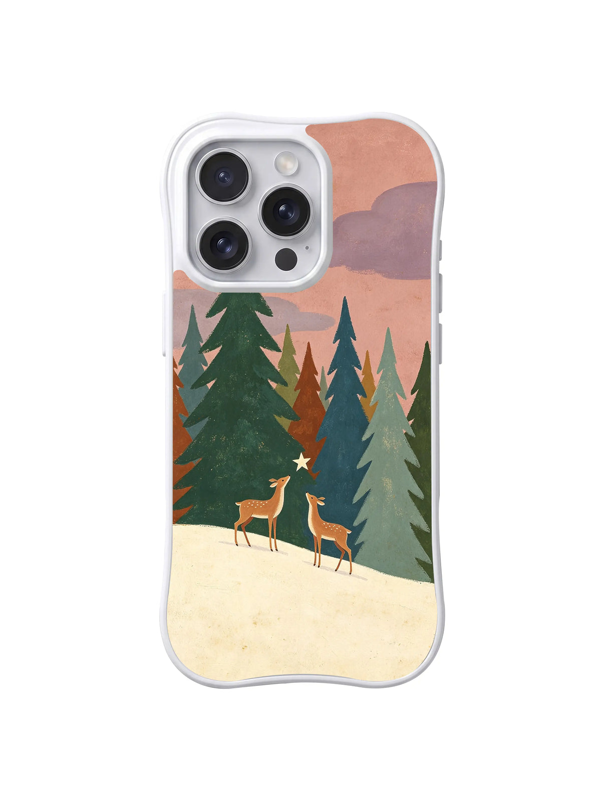 First Star Deer Ridge / Dusty Rose Deer Ridge: Small deer pair above a broad snowbank, with layered angular pines and peach clouds.