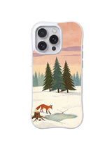 Frozen Hollow Fox: Red fox beside a stump and cracked ice below distant winter pines.