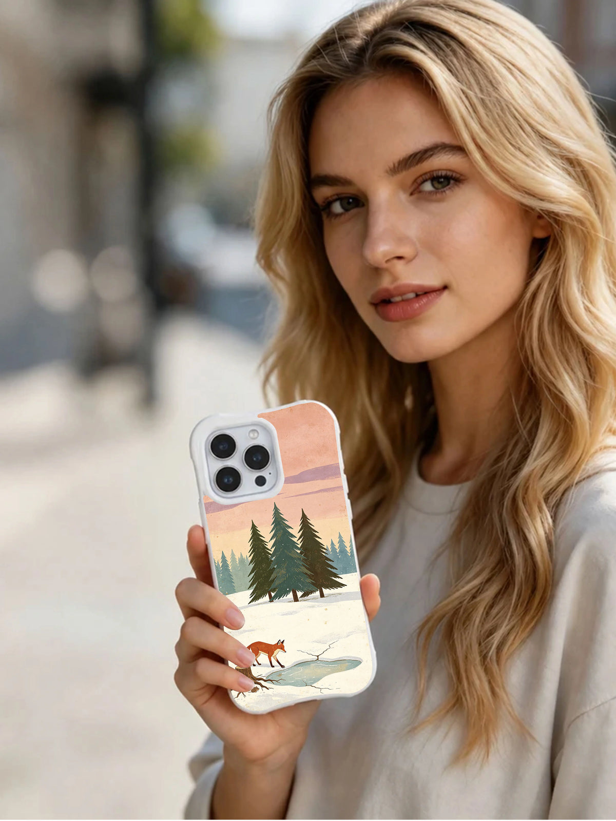 Frozen Hollow Fox: Person holding the illustrated case in an outdoor portrait.