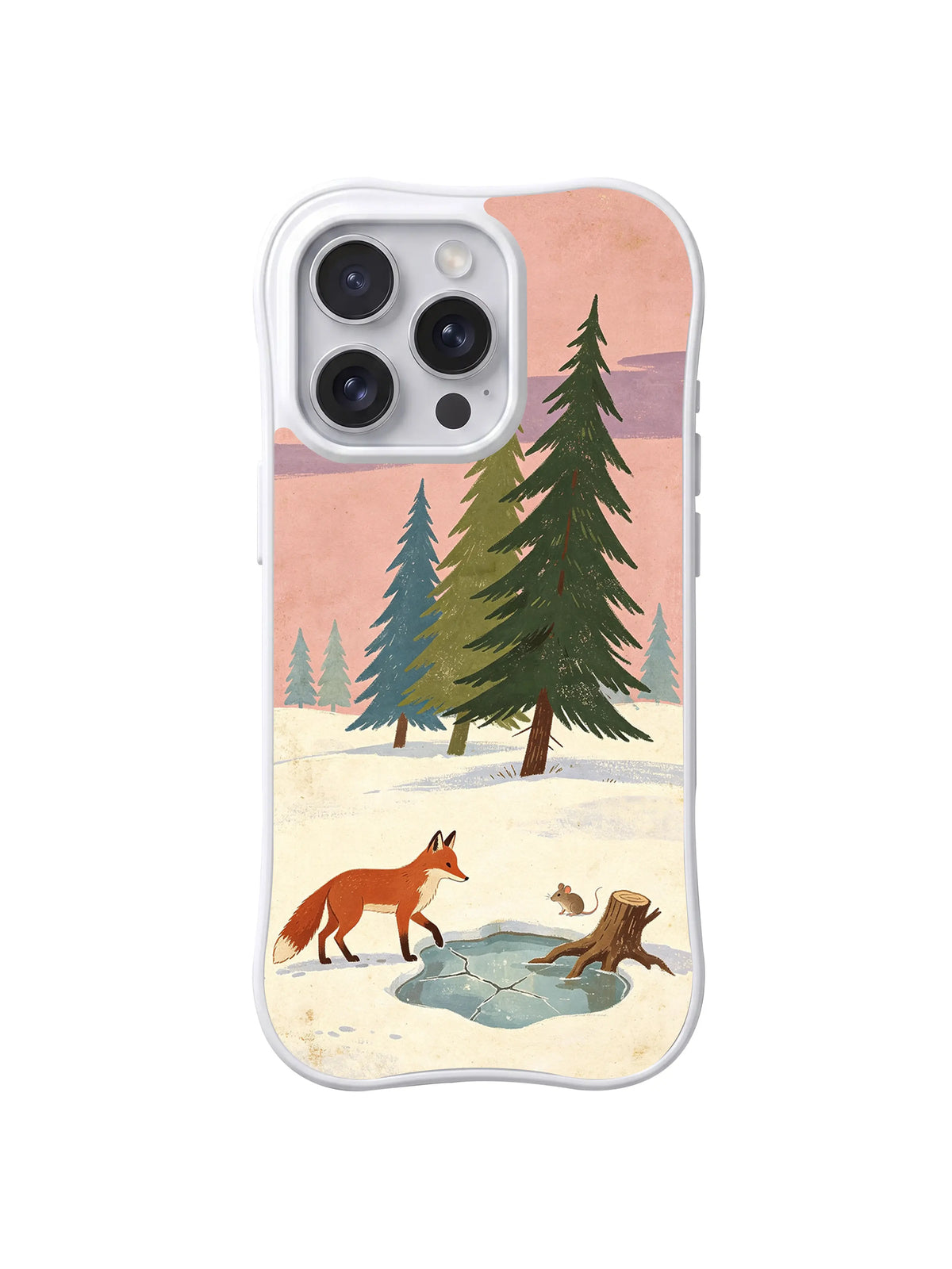 Frozen Hollow Fox / Tall Pine Rescue: A standing fox faces a tiny animal and stump beneath one tall pine.