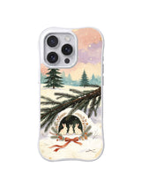 Little Pine Shelter / Evergreen Rabbit Home: Three pale rabbits inside a round dark opening ringed with greenery and a long red ribbon.