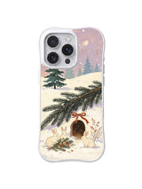 Little Pine Shelter / Snowy Bunny Welcome: Pale rabbits outside a taller dark doorway, with a top bow and fine plants at the side.