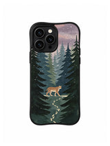 Invisible Lynx Trail: Brown lynx and pale tracks in a dense blue-green pine forest.