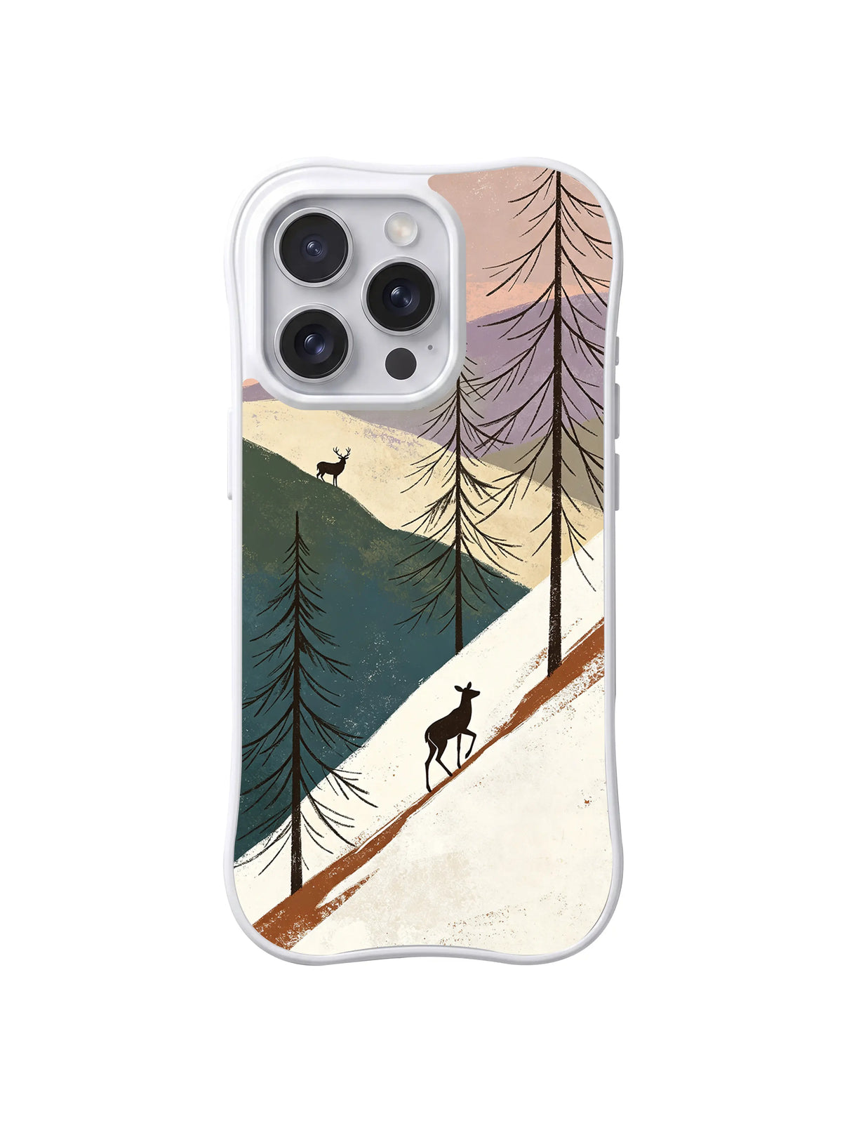 Moonpass Young Elk / Violet Ridge Ascent: A climbing deer on a broad snowy diagonal beneath tall, thin dark trees.