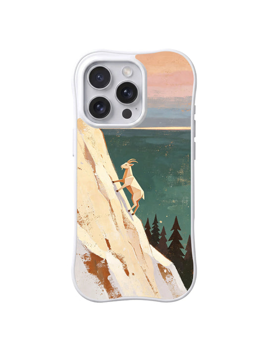 Morning Beyond the Cliff: A mountain goat climbing a pale cliff above a dark forest valley.