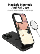 Owl Across the Clearing: Phone, separate illustrated case and round accessory arranged together.