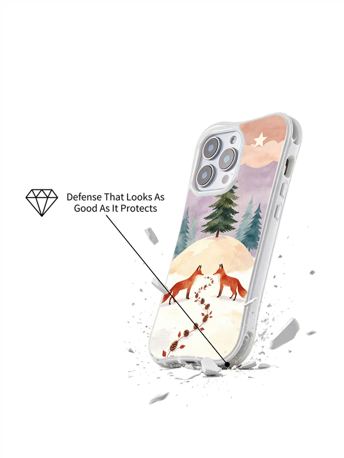 Pinecone Path Fox: Angled illustrated case above a cracked-surface graphic.