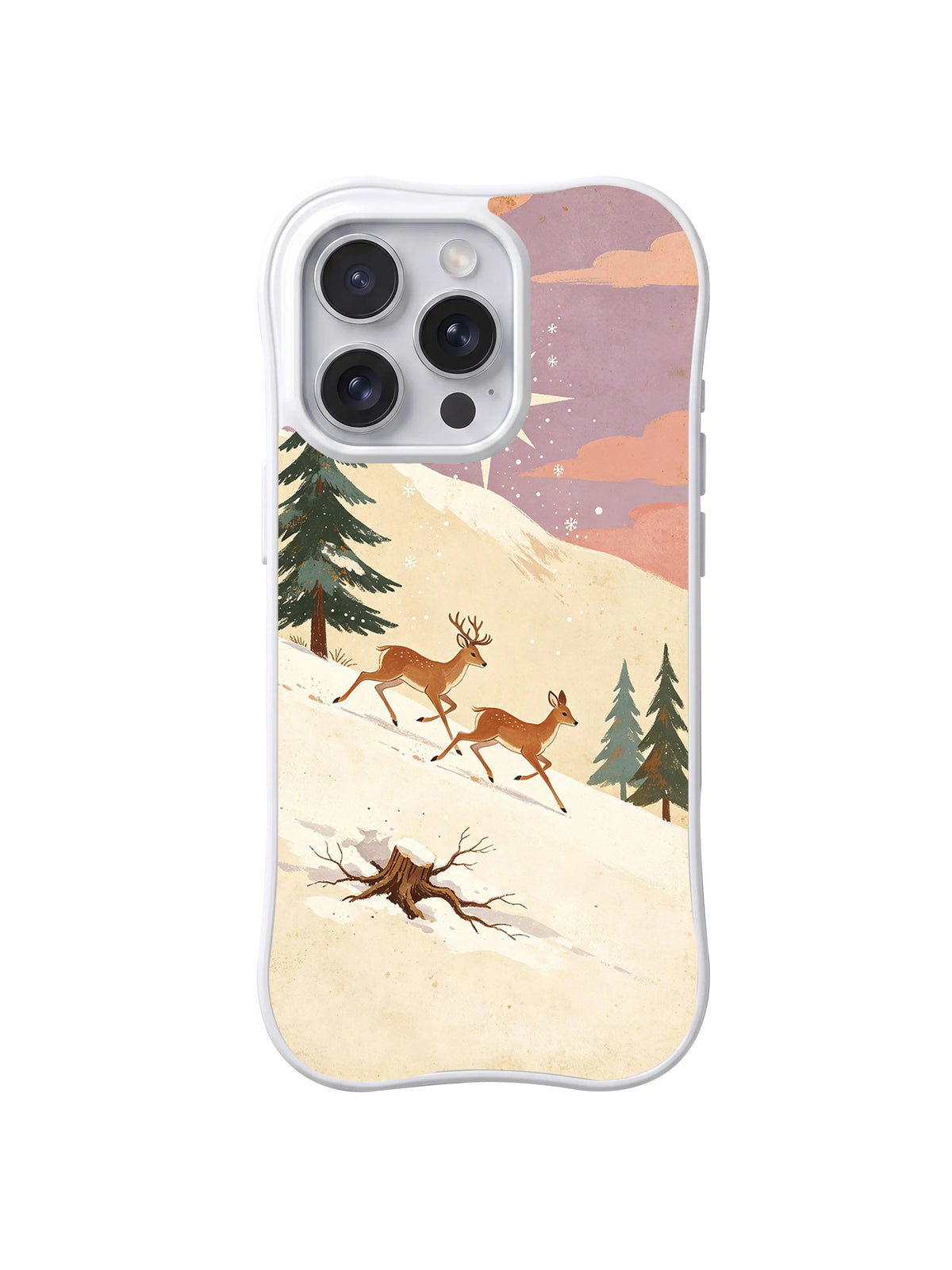 Reindeer Race: Two deer crossing a snowy slope with a dark stump and scattered pines.