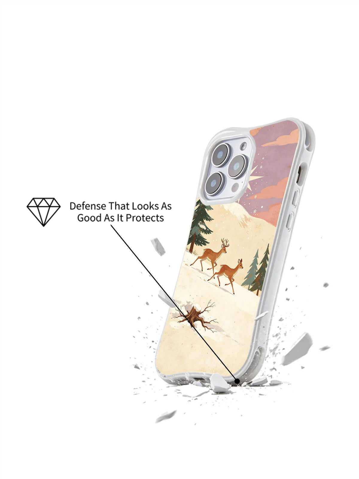 Reindeer Race: Angled illustrated case above a cracked-surface graphic.