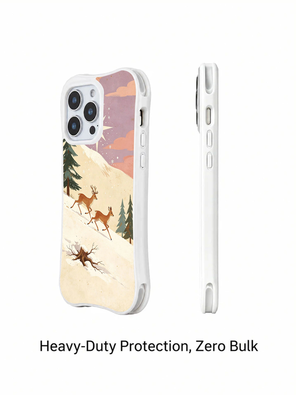 Reindeer Race: Rear and slim side views of the illustrated case.