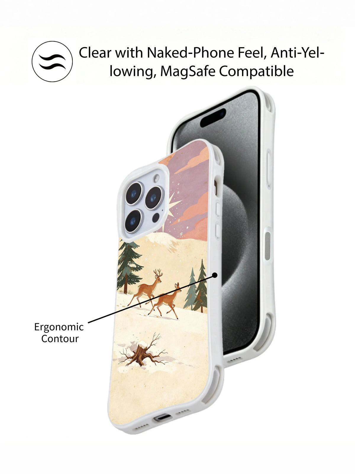 Reindeer Race: Overlapping front phone view and illustrated rear case view.