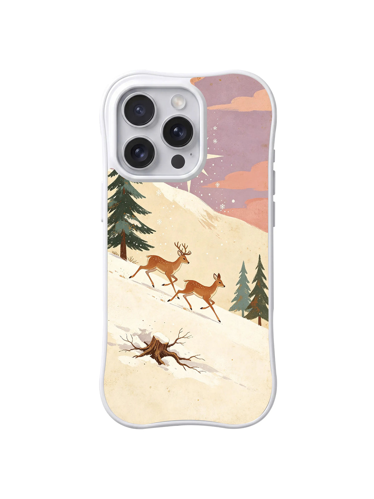 Reindeer Race / Twin Deer Snow Dash: Two small deer move across a diagonal slope above a dark foreground stump.