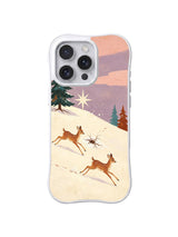 Reindeer Race / Bright Star Reindeer Run: Two leaping deer spread widely below a pale star, with long tracks in the snow.