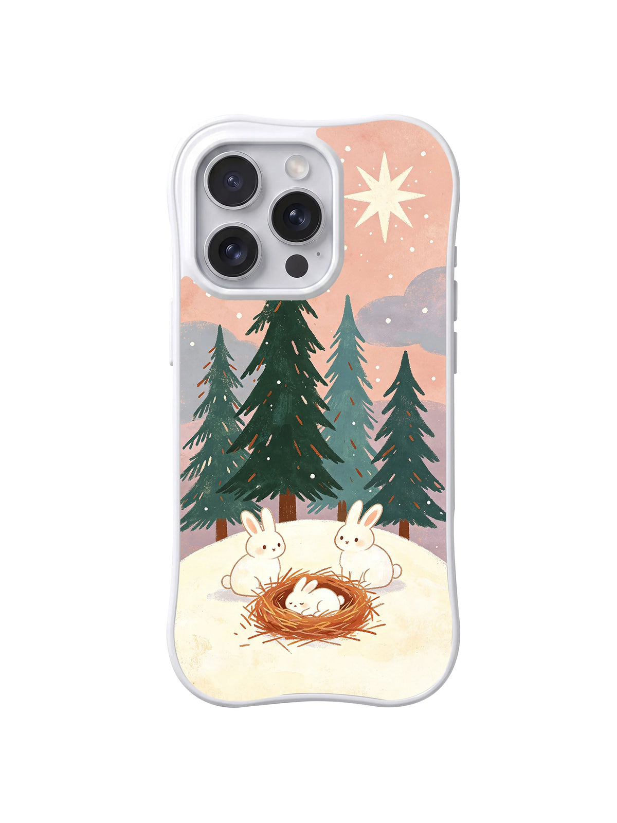 Starlight Rabbits: Pale rabbits and a brown nest beneath dark pines and a large winter star.