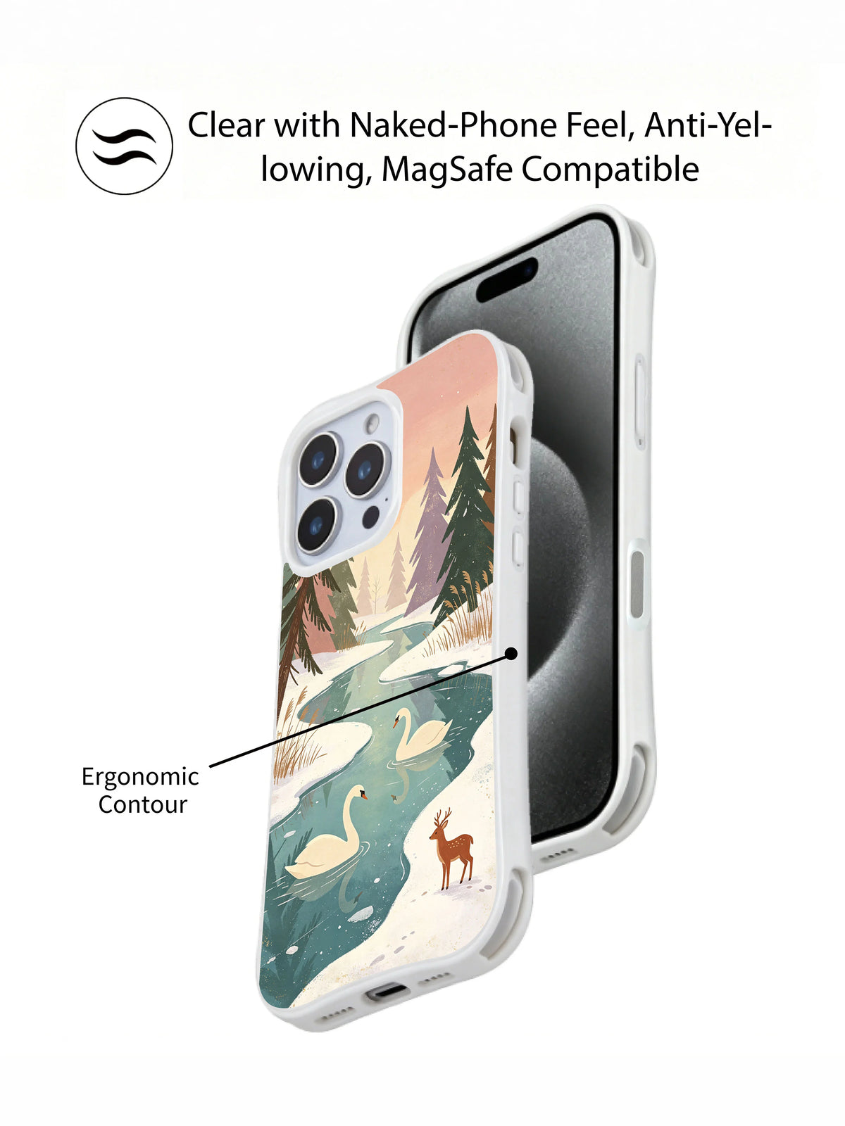 Winter Swan Channel: Overlapping front phone view and illustrated rear case view.