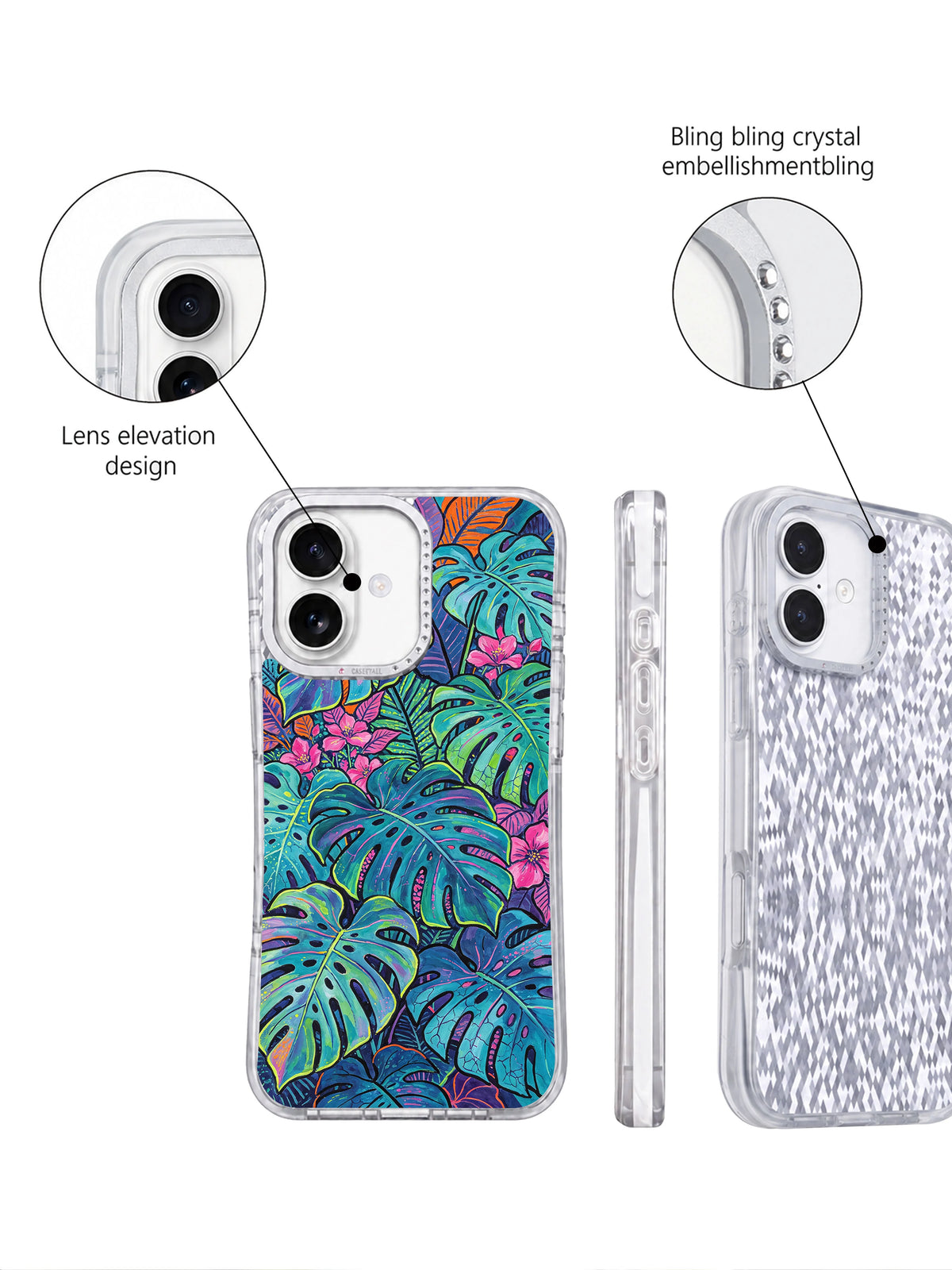 Rhinestone camera frame electric floral iPhone 17 case detail
