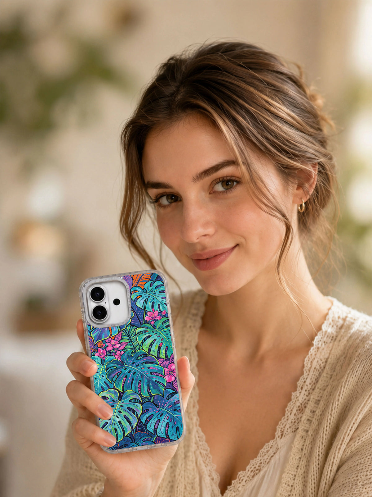 Artist-designed electric floral iPhone 17 case lifestyle image