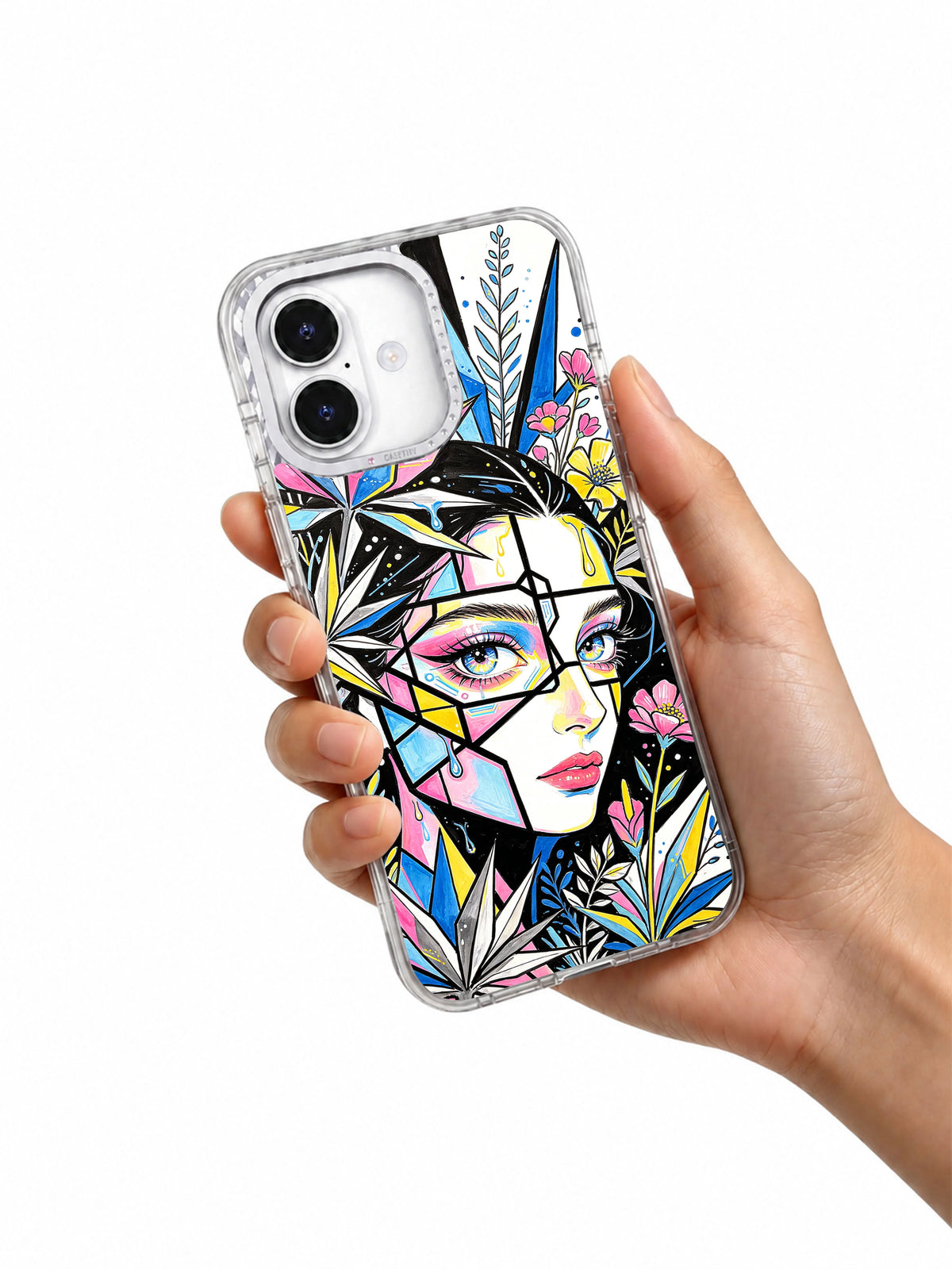 Electric Garden colorful botanical iPhone 17 case in hand