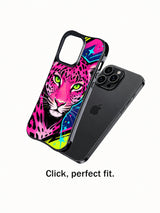 Electric Leopard Queen black iPhone 13 Pro Max case beside phone in the multicolor graphic pattern