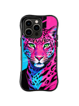 Pink leopard with cyan blue facial shading and graphic background on black iPhone 13 Pro Max case